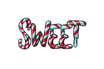 Sweet logo design isolated on transparent background candy cane style lettering with red and blue colors