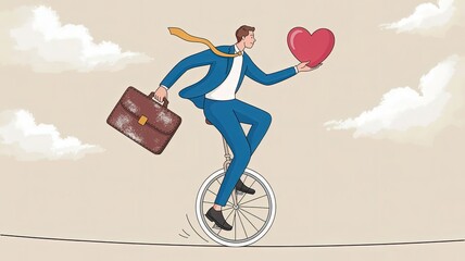 Balancing Business and Love: A metaphor for the delicate equilibrium between career and personal life, an individual skillfully navigates a tightrope on a unicycle, carrying a briefcase and a heart.