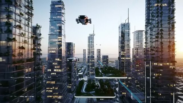 Futuristic Cityscape with Sustainable Skyscrapers and Flying Vehicles