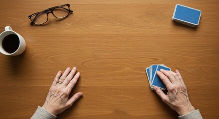 Senior hands holding playing cards on wooden table with coffee  