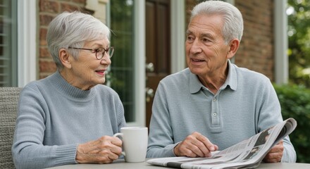 Elderly couple smiling while sitting at table outdoors in spring  