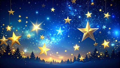 Night sky with gold stars over a winter forest