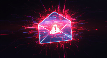 cybersecurity breach illustration, envelope with malware alert, glitch overlay, neon red glow on dark tech background