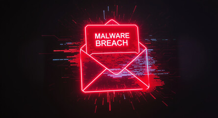 cybersecurity breach illustration, envelope with malware alert, glitch overlay, neon red glow on dark tech background