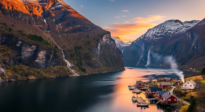 Breathtaking Scenery of Geirangerfjord with a Coastal Village at Dusk.