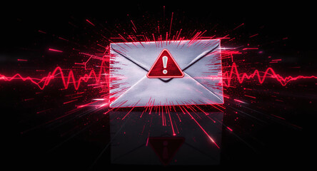 cybersecurity breach illustration, envelope with malware alert, glitch overlay, neon red glow on dark tech background