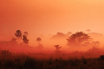 Obraz premium Sunrise over a misty savanna
