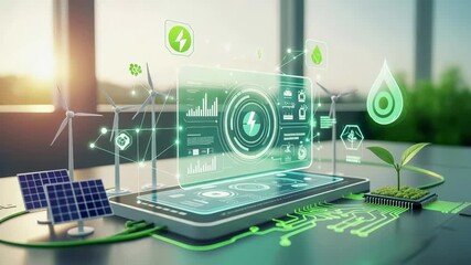 Green renewable energy technology dashboard with solar panels, wind turbines, holographic interface. Sustainable power analytics visualization, eco friendly digital monitoring system, clean - Powered by Adobe