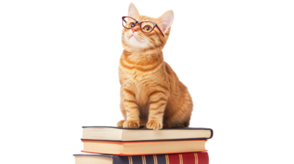 Ginger Cat with Glasses on Books Transparent Art
