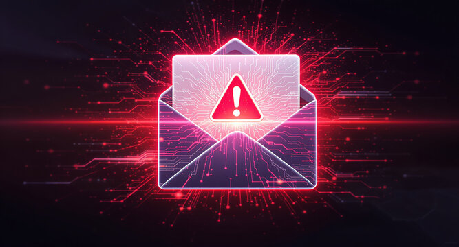 cybersecurity breach illustration, envelope with malware alert, glitch overlay, neon red glow on dark tech background