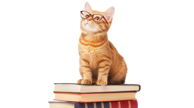 Ginger Cat with Glasses on Books Transparent Art
