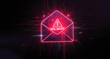 cybersecurity breach illustration, envelope with malware alert, glitch overlay, neon red glow on dark tech background