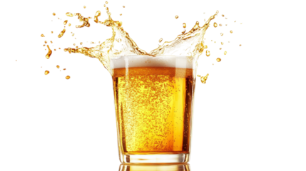 Golden Beer Splash in a Clear Glass isolated on a Transparent or white Background