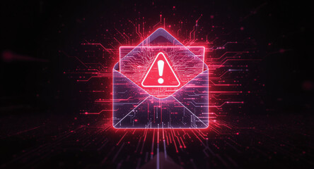 cybersecurity breach illustration, envelope with malware alert, glitch overlay, neon red glow on dark tech background