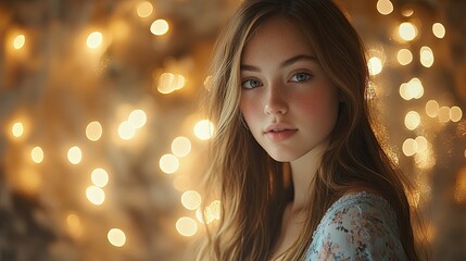 Naklejka premium Teenage girl portrait, warm lighting, bokeh background