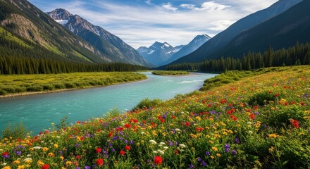 Obraz premium Scenic Mountain River Landscape with Wildflowers and Mountains