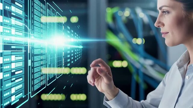 Professional businesswoman interacting with digital dashboard interface. Corporate executive analyzing data charts, virtual technology screen. Modern workplace analytics, business intelligence concept - Powered by Adobe