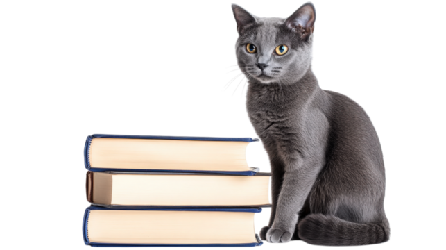 Gray Cat with Stack of Books  isolated on a Transparent or white Background