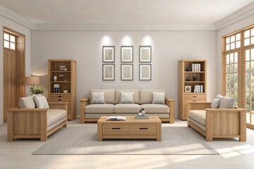 Fototapeta premium Cozy living room with wooden furniture and artwork display