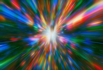 Obraz premium Vibrant abstract illustration in a digital futuristic style, with beams of blue, red, yellow, and green light radiating from a bright central point, creating a dynamic sense of motion and energy.