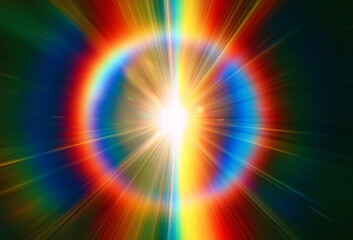 Abstract digital illustration in a cosmic style, showing multicolored rays and a glowing rainbow halo radiating from a white center, with vibrant red, blue, green, and yellow tones in circular shapes.