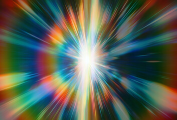 Obraz premium Dynamic abstract digital illustration in a futuristic style, featuring blue, orange, and white colors with radiating light streaks and blurred motion. The image emphasizes speed and energetic movement