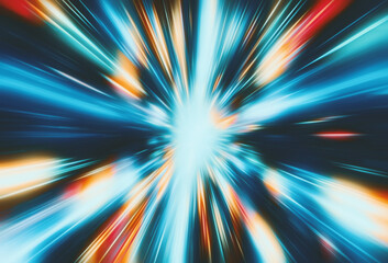 Obraz premium Dynamic abstract digital illustration in a futuristic style, featuring blue, orange, and white colors with radiating light streaks and blurred motion. The image emphasizes speed and energetic movement