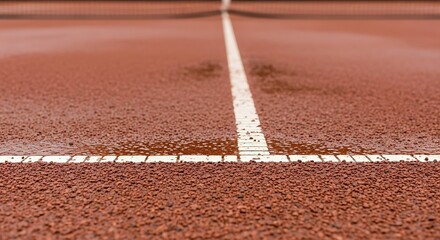 Close up of a tennis court with white lines.