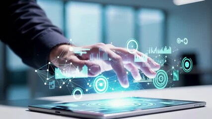 Holographic data projection from tablet device. Advanced augmented reality visualization with charts, graphs, network connectivity. Digital analytics dashboard, futuristic business intelligence - Powered by Adobe