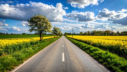 Country road through yellow fields under a partly cloudy sky