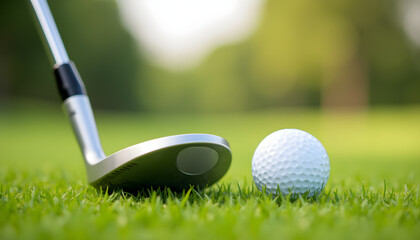 Golf ball and club on green grass