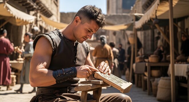 Young man intensely carves wood in ancient market. Use for history, historical dramas, biblical era. Craftsman, focused, with leather clothing and tools.