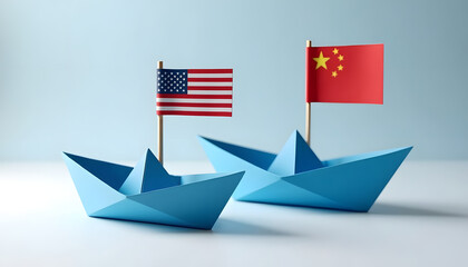 Fototapeta premium Usa and China Flags on Paper Boats