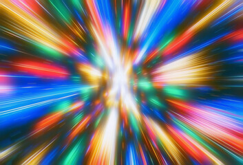 Obraz premium Dynamic abstract digital illustration in a futuristic style, featuring blue, orange, and white colors with radiating light streaks and blurred motion. The image emphasizes speed and energetic movement