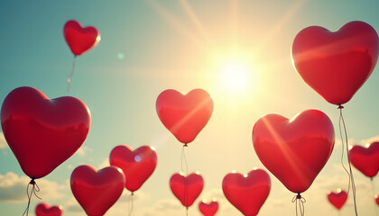 Heart Balloons Floating in a Sunny Sky