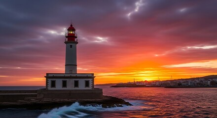 Coastal Lighthouse Beacon During a Fiery Ocean Sunset.