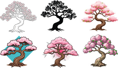 Beautiful cherry blossom trees with pink flowers, artistic designs, various styles, nature, spring, Japanese culture