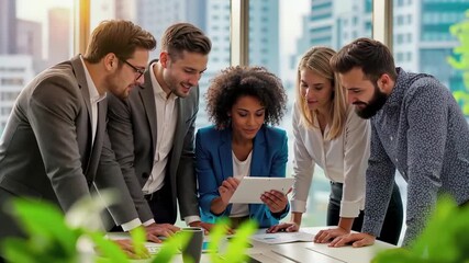 Business team collaboration meeting with tablet technology in modern office. Corporate professionals discussing strategy and planning in bright workplace environment with diverse colleagues. - Powered by Adobe
