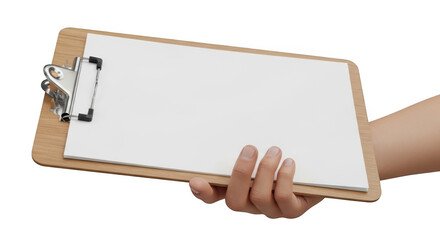 3d clipboard with blank paper held by hand for notes and ideas