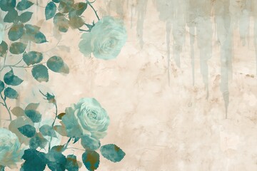 Vintage floral background with light blue roses on a beige textured surface. Abstract illustration for decorative wallpaper.