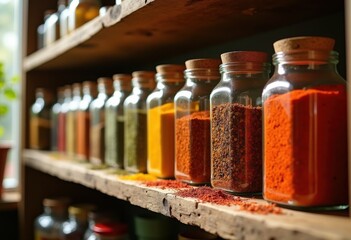 Colorful Array of Spices in Glass Jars Displayed on Rustic Kitchen Shelf Inviting Cozy Culinary Atmosphere
