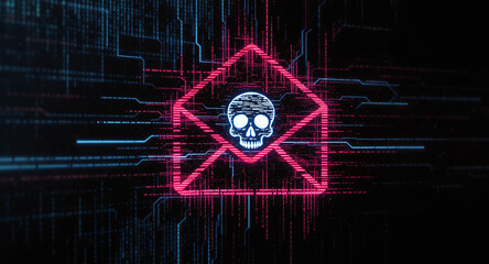 phishing email concept, envelope icon with skull warning, corrupted glitch effect, dark digital interface