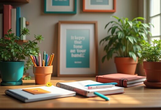 Colorful Learning Tools and Inspirational Quotes Enriching Study Environment on Desk Surface for Motivational Growth Progress