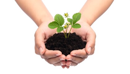Cultivating Growth Hands Gently Hold a Young Plant Sprouting from Rich Soil