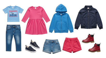 3d children's clothing and footwear collection realistic render