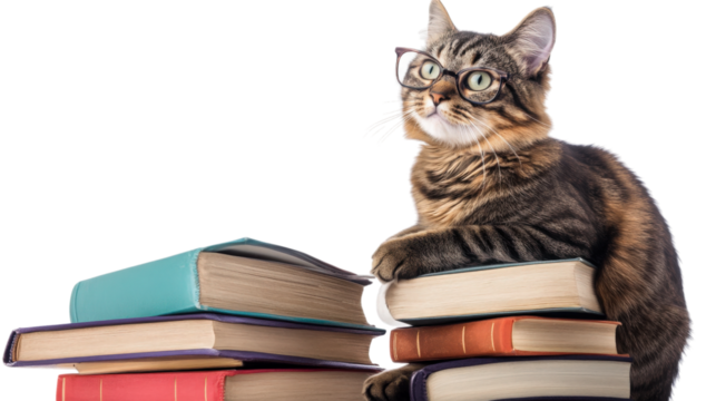 Striped Cat Wearing Glasses on Books Studying