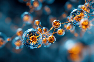 Abstract futuristic illustration of interconnected glowing particles linked by light strands representing molecular or digital network concepts in vibrant blue and orange