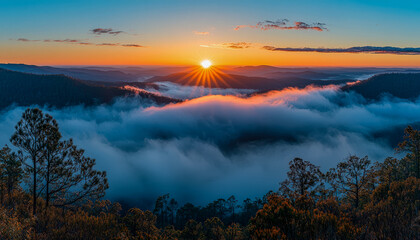 Spectacular sunrise over misty mountain landscape with vibrant sky and lush forest in the foreground