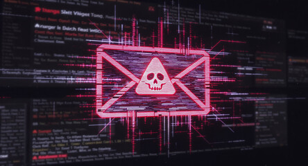 phishing email concept, envelope icon with skull warning, corrupted glitch effect, dark digital interface