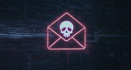 phishing email concept, envelope icon with skull warning, corrupted glitch effect, dark digital interface